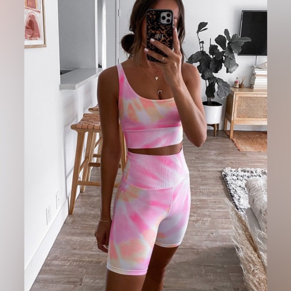 Beach Riot Ribbed Bike Short Pink Orange Tie Dye SET